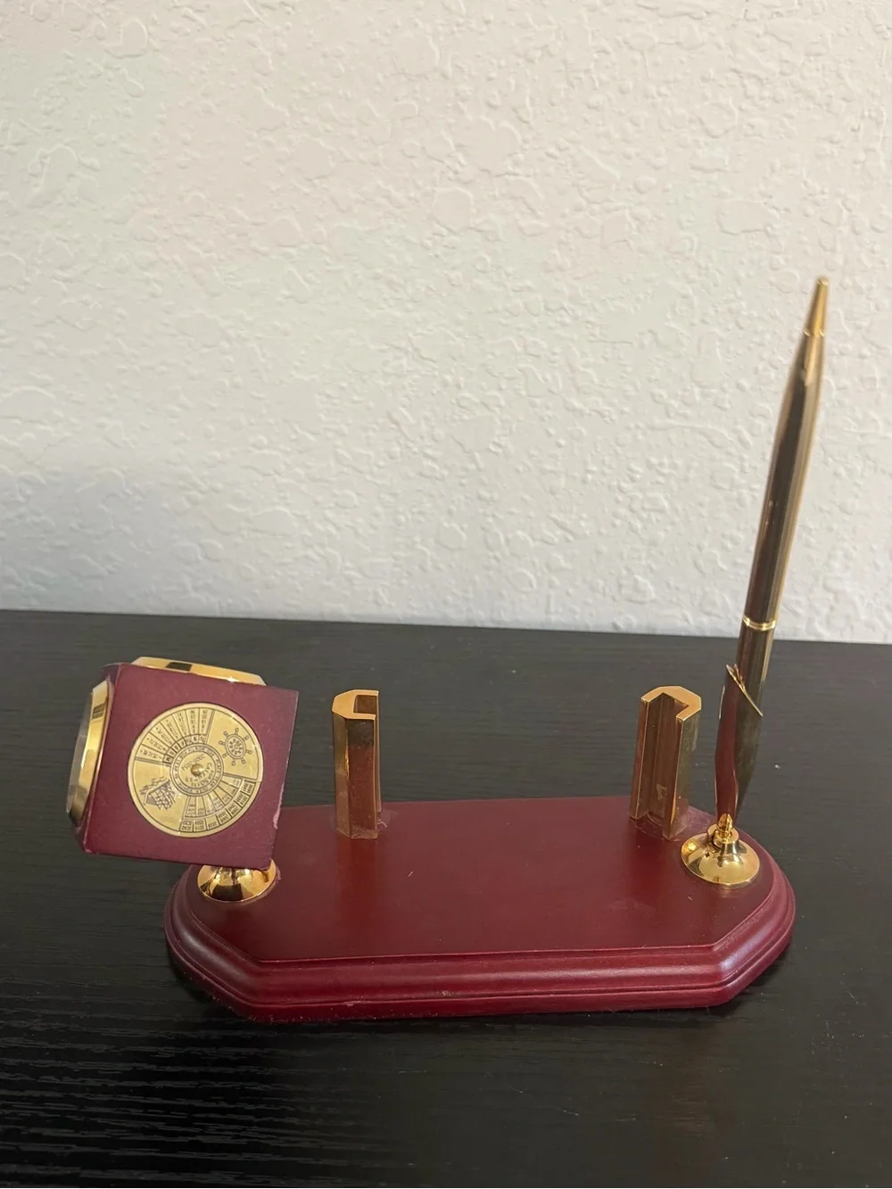 Vintage Wooden Executive Desk Organizer w/ Quartz Clock, Thermometer & Gold Pen